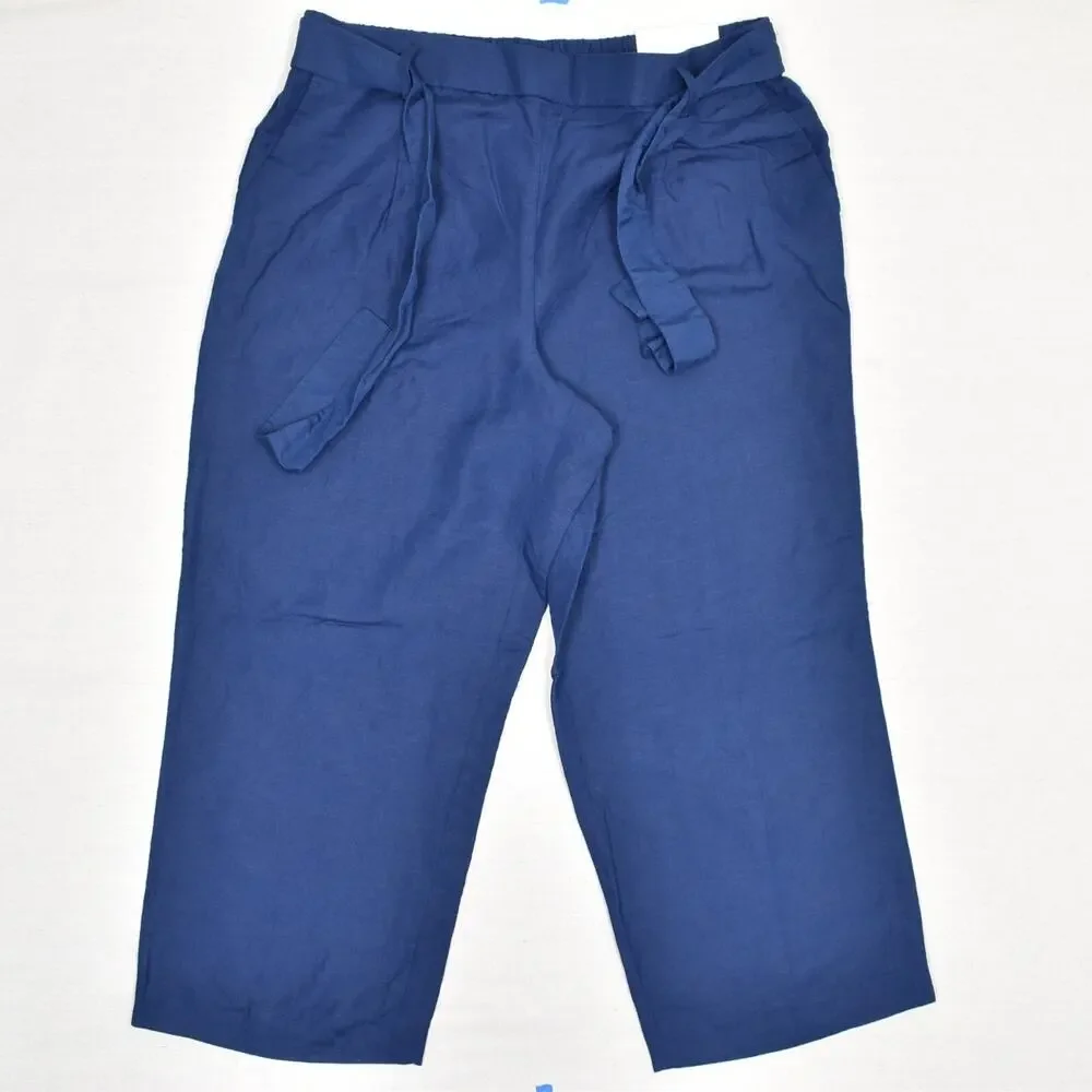 NEW Ann Taylor Women's Straight Pants Crop Belted Linen Blue Size XL High Rise